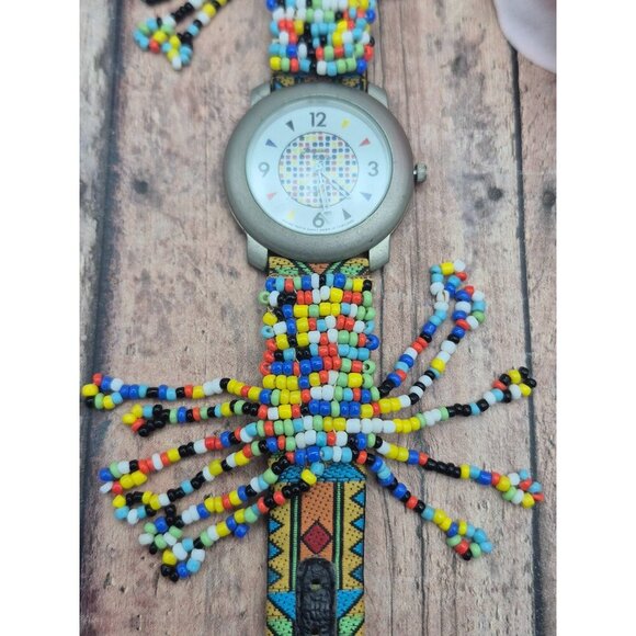 Leather Band Native Seed Bead Jacques Couture Watch Works New Battery Unique - Picture 6 of 9